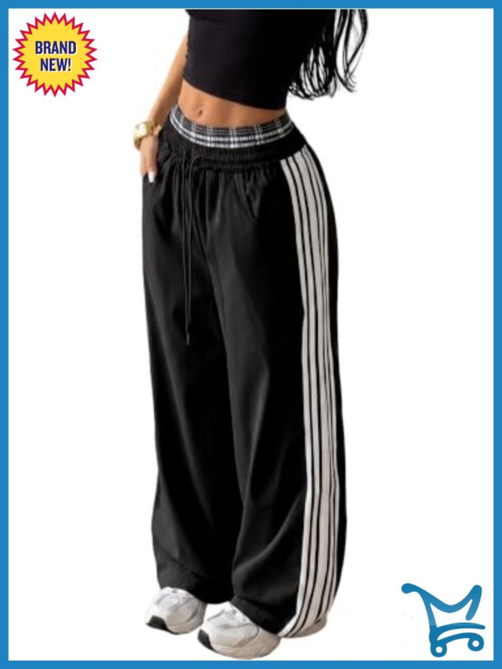 Wide Leg Sweatpants Plaid Patchwork Drawstring Loose Fit Casual Lounge